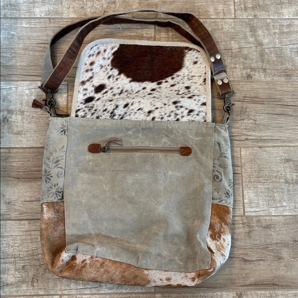 Cowhide And Leather Canvas Messenger Bag Featuring Genuine Hair and Leather Trim